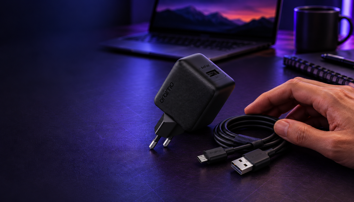 Illustrative lifestyle scene of Oraimo Cannon 18S charger kit on a purple-lit desk