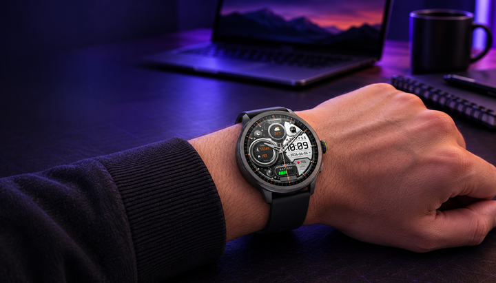 Illustrative lifestyle scene of Oraimo Watch 5R smartwatch on a purple-lit desk
